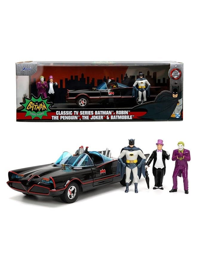 Toys DC Comics Classic TV Series 1966 Batmobile Die-Cast Car with 2.75" Batman, Robin, Penguin, and The Joker Figures, Toys for Kids and Adults – 1:24 Scale, Multicolor