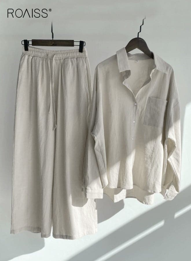Ladies 2 Piece Set New Trend Fashion Classic Solid Color Cotton Linen Shirt Suit Summer Spring Plus Size Clothes for Women Breathable and Cool Long-Sleeve Lapel Shirt Loose Pants