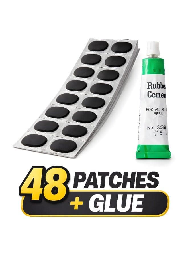 Bicycle Tire Tube Repair Kit 48 PCS Cold Patches with Rubber Cement Glue – Puncture Repair Set for MTB & Road Bike