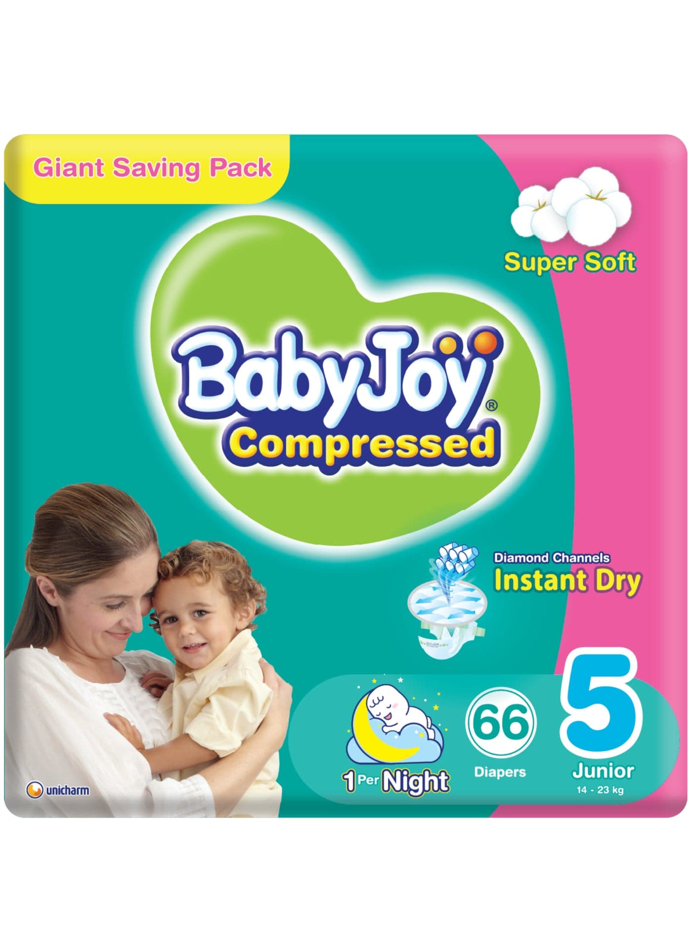 Compressed Diamond Pad Diaper, Size 5, Junior, 14-23 Kg, Giant Pack, 66 Diapers