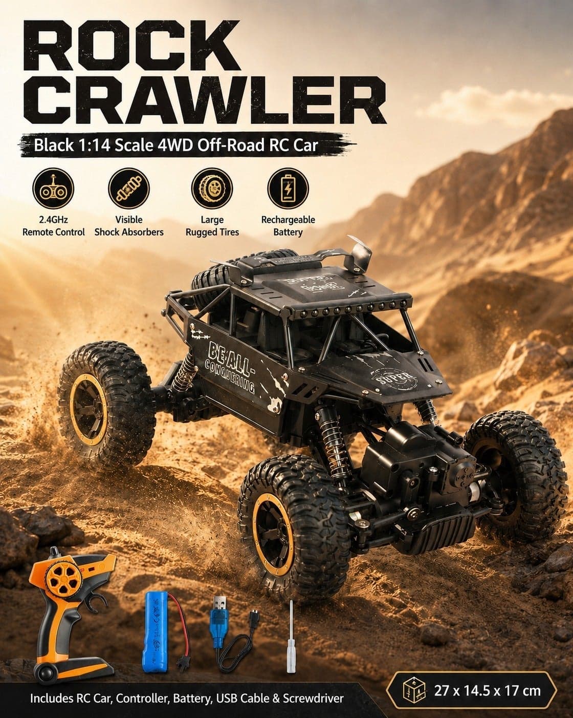 Black 1:14 Scale 4WD Off-Road RC Rock Crawler Car, Alloy Remote Control Climbing Vehicle with 2.4GHz Controller, Shock Absorbers, Large Rugged Tires, Rechargeable Battery, USB Cable and Screwdriver, 27 x 14.5 x 17 cm