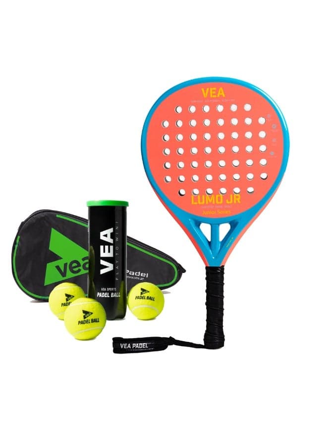 VEA LUMO JR Junior Padel Racket Bundle – Neon Orange | Includes 1 Racket and 1 Tube of VEA Padel Balls | 50% Carbon 50% Fiberglass | Soft EVA Core | Lightweight 320g | Glossy Finish