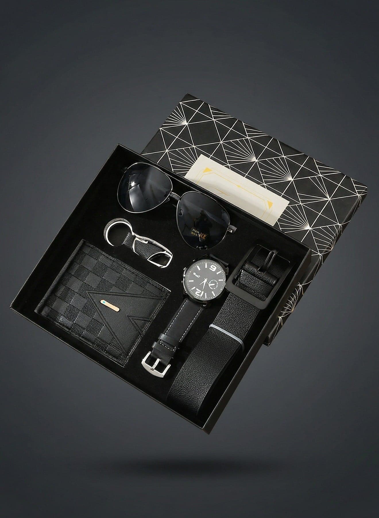 Classic Men’s 5-Piece Gift Set – Watch, Wallet, Belt, Sunglasses & Keychain | Luxury Black Gift Box