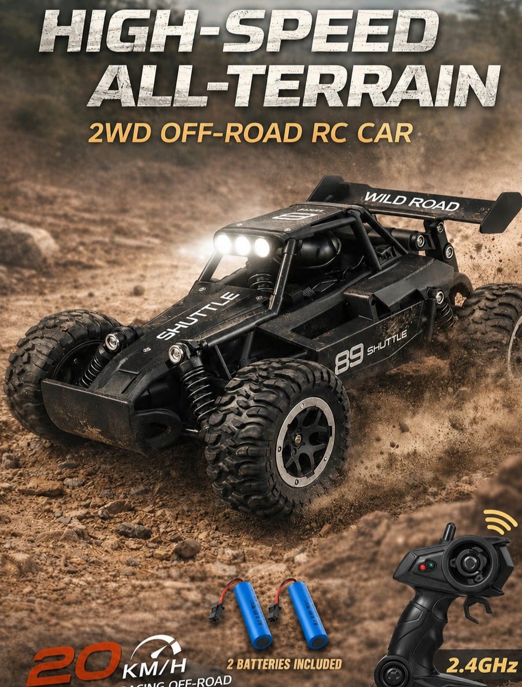 High-Speed 1:16 Alloy Off-Road Remote Control Car with 2 Rechargeable Batteries, 2.4 GHz Control, All-Terrain Rubber Tires and LED Lights, Up to 20 km/h