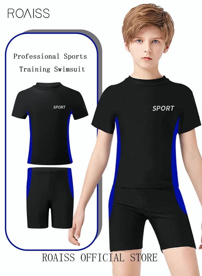 2 Piece Boys Swimsuit Swimming Trunks Set Kids Training Quick Dry Sun Protection Swimwear Children Short Sleeves Clothing Beachwear Split Bathing Suit for Summer Moisture-Wicking Breathable Black