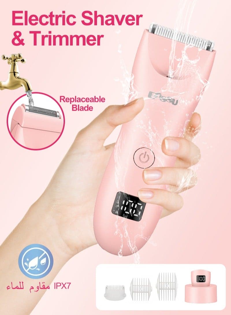Women's 2 in 1 Electric Shaver & Trimmer - IPX7 Waterproof for Face/Legs/Private Areas, Ceramic Blades with USB Charging Dock, Painless Cordless Design - Pink