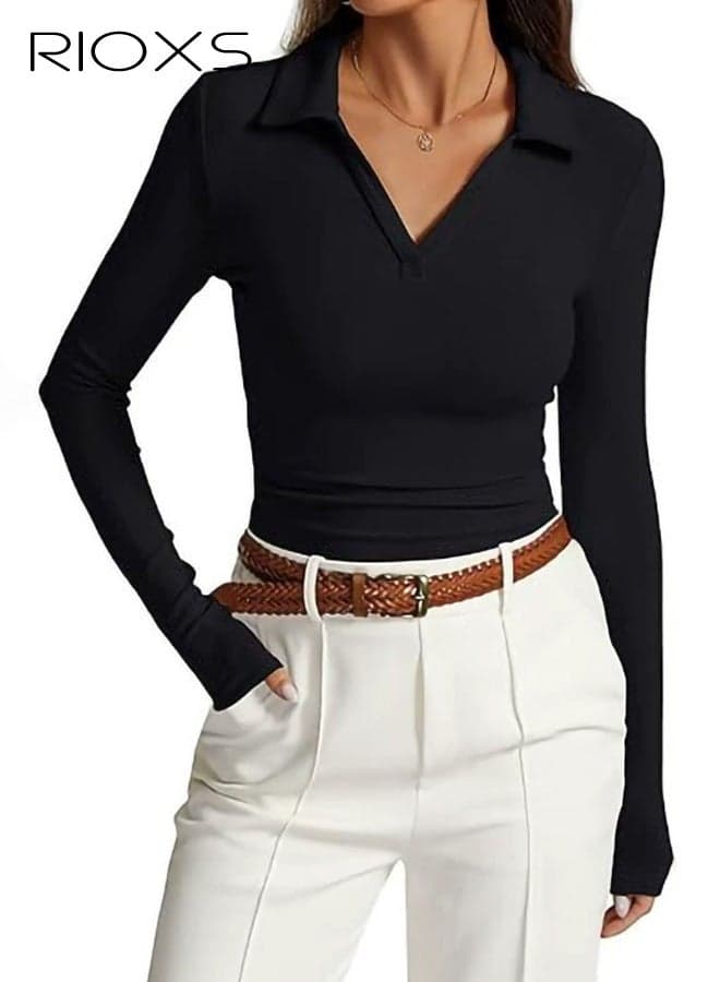 Womens V Neck Polo Long Sleeve T Shirts, Casual Spring Fall Slim Fit Lapel Collared Shirts, Fashion Solid Going Out Blouse Tight Tees for Home Work Yoga Daily Wear, Black