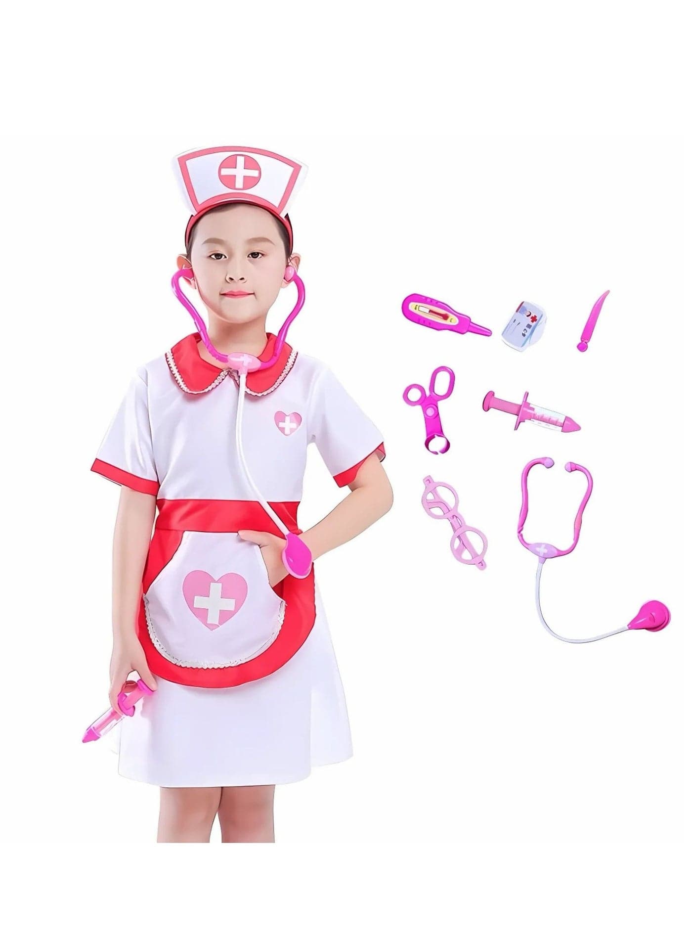 Home Smart Nurse Costume Dress for Girls 8pcs Nurse Outfit with Accessories for School Cosplay and Theme Parties