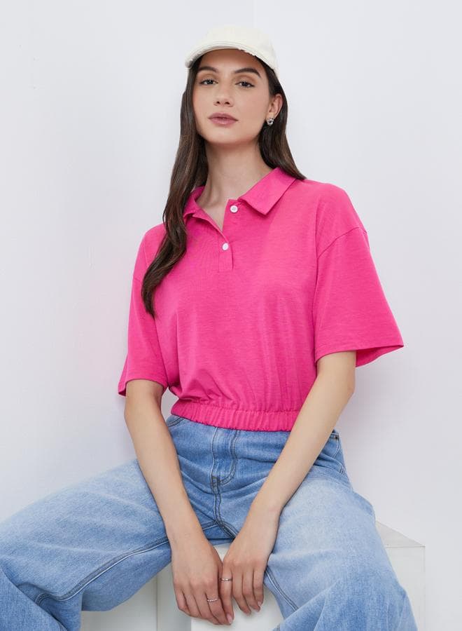 Take Two Solid Elastic Hem Polo Neck Top