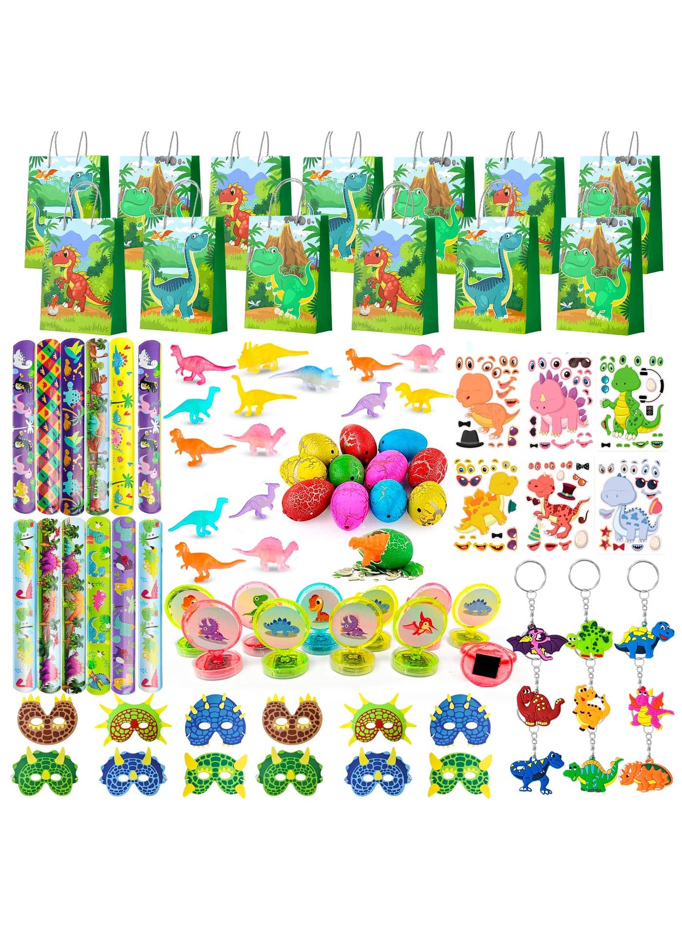 Dinosaur Party Favors for 12 Guests, 96pcs Dinosaur Birthday Party Favors Set Dino Party Favor Bags Keychains Stampers Stickers Toys Clap Bracelets etc Party Supplies