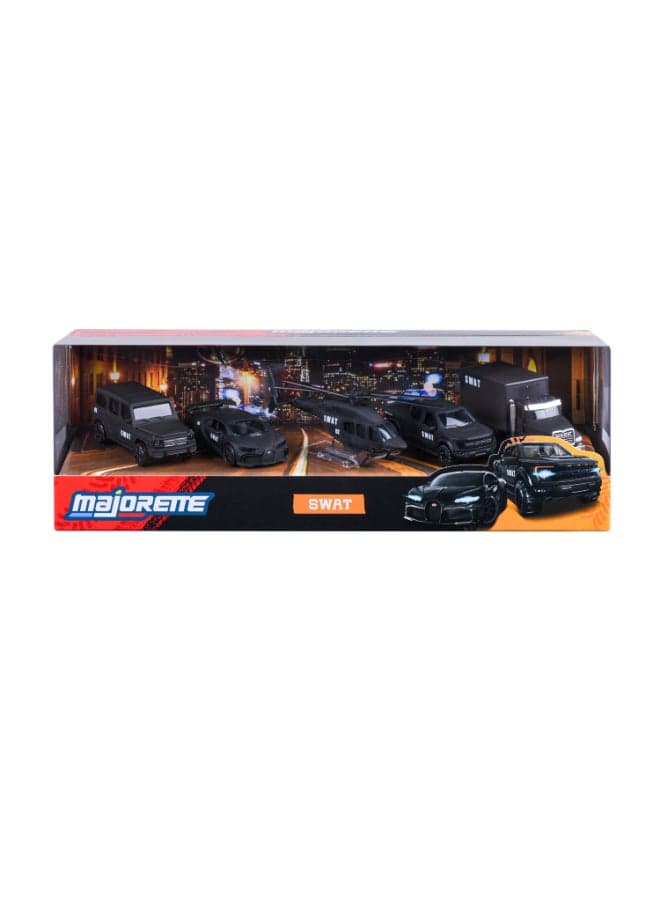 Majorette SWAT 5 Diecast Giftpack, 5 Metal Toy Vehicles with SWAT Styling, Diecast Cars and Helicopter, Freewheel, Suspension and Opening Parts, Collector Set for Kids Ages 3+