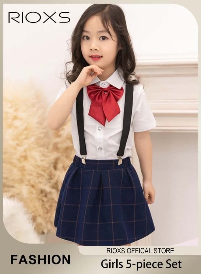 5-Piece Girls' Formal Dress Set, Children's Formal Dress Outfit, British-Style Suspender Skirt with Bow Tie Performance Costume, Student Choir Uniforms & Graduation Attire, Girls' Shirt and Skirt Set, Blue