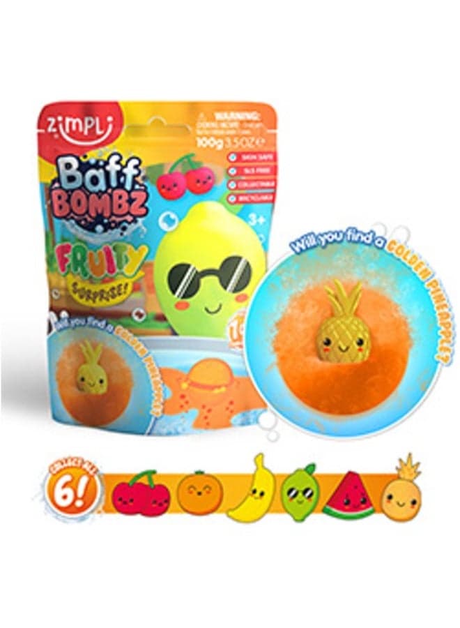 Zimpli Kids BAFF BOMBZ Fruity Surprise Bath Bomb, 100 g, Mystery Bath Bomb with 1 of 6 Collectible Fruit Figures, Skin Safe, Drain Safe, Easy Clean, Stain Free, Kids Bath Time Fun