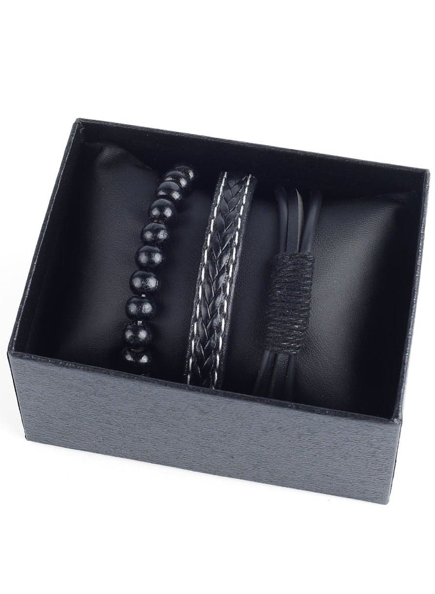 Luxury Men's Leather Bracelet Set - 3 Black Faux Leather Bracelets with Stylish Modern Design - Perfect Gift for Men in an Elegant Gift Box