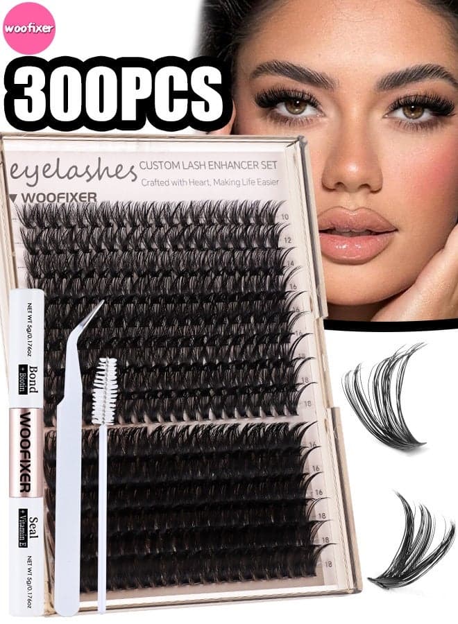 300 Pcs Lash Clusters, Lash Adh esive Glue & Lash Tweezer Set Eyelash Extensions Wispy False Eyelashes Lash Clusters DIY Eyelash Extensions Individual False Eyelashes for Women D-Curl Perfection for Your Eyes!