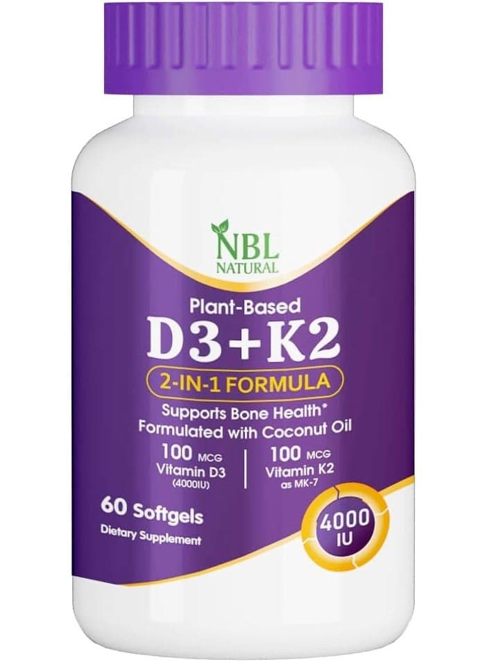Vitamin D3 Plus K2 With Organic Coconut- 60 Softgels For Hair, Bone Health, Immunity Booster