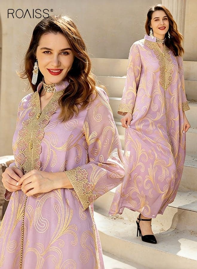 Women Muslim Long Sleeve Abaya Middle Eastern Flowing Dress Loose Fit Suitable for Everyday Wear Printed Pattern Suitable for Banquets and Parties Light Purple