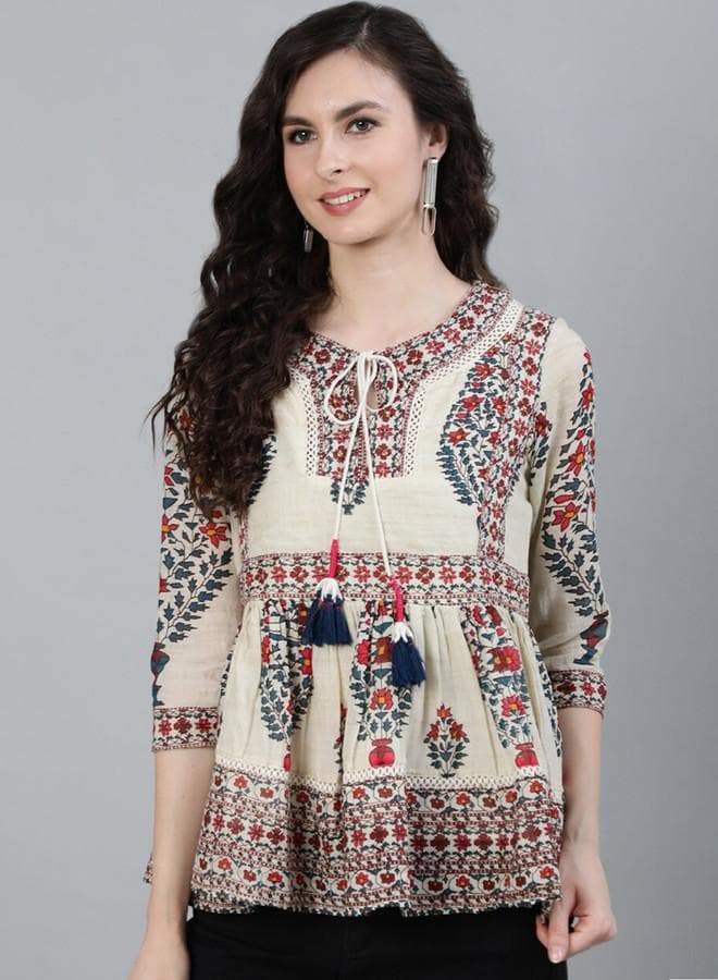 Women'S Off White 100% Cotton Self Design A-Line Tops
