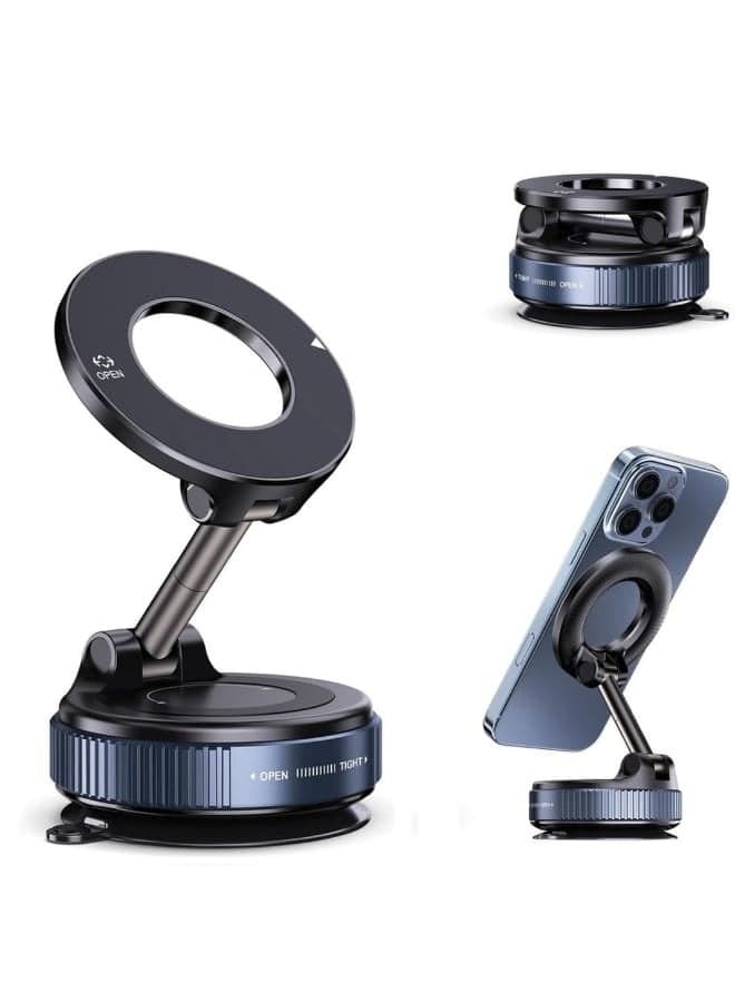 Upgraded Magnetic Phone Stand for Car – 360° Rotatable MagSafe Car Mount with Strong Magnet & Foldable Design, Universal Magnetic Car Holder with Vacuum Suction Cup & Magnetic Ring for All Smartphones