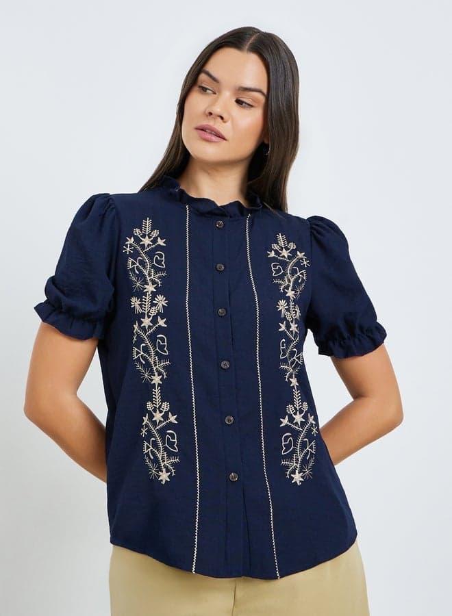 Navy Blue Embroidery Short Sleeve Top