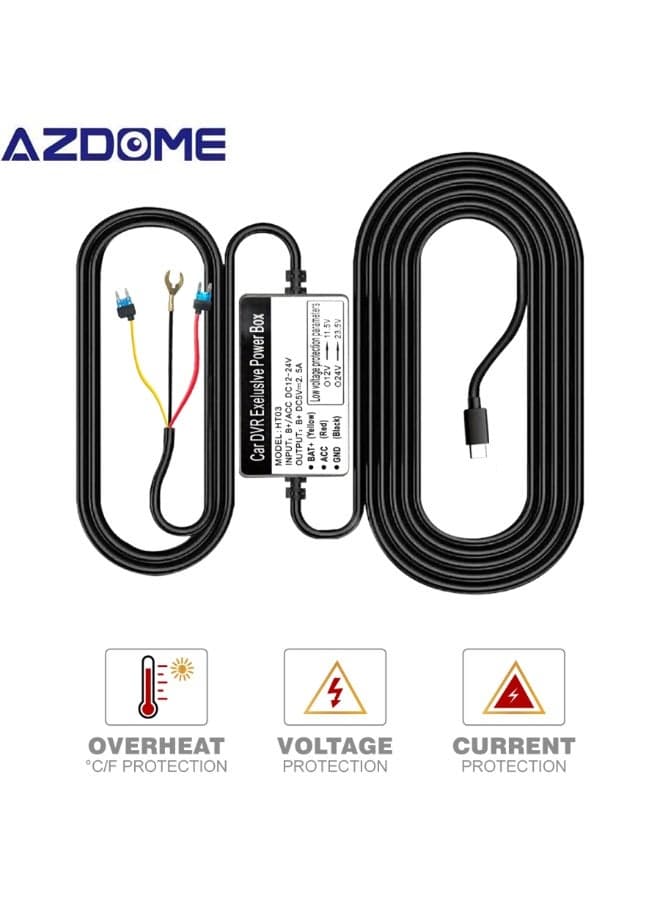 HT03 Hardwire Kit, Type-C USB Port, 24H Parking Monitor Cable with Fuse, Convert 12V-24V to Output 5V/2.5A Max, Compatible with Most Dash Cam Available with a Type-C USB Port, Low Voltage Protection
