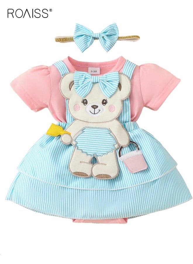 2PCS Newborn Baby Girl Clothes Set, Short Sleeve Romper Dress with Adorable Bear Design and Snap Closure, Summer Outfit with Headband, Cozy One-piece Bodysuit for Little Girls