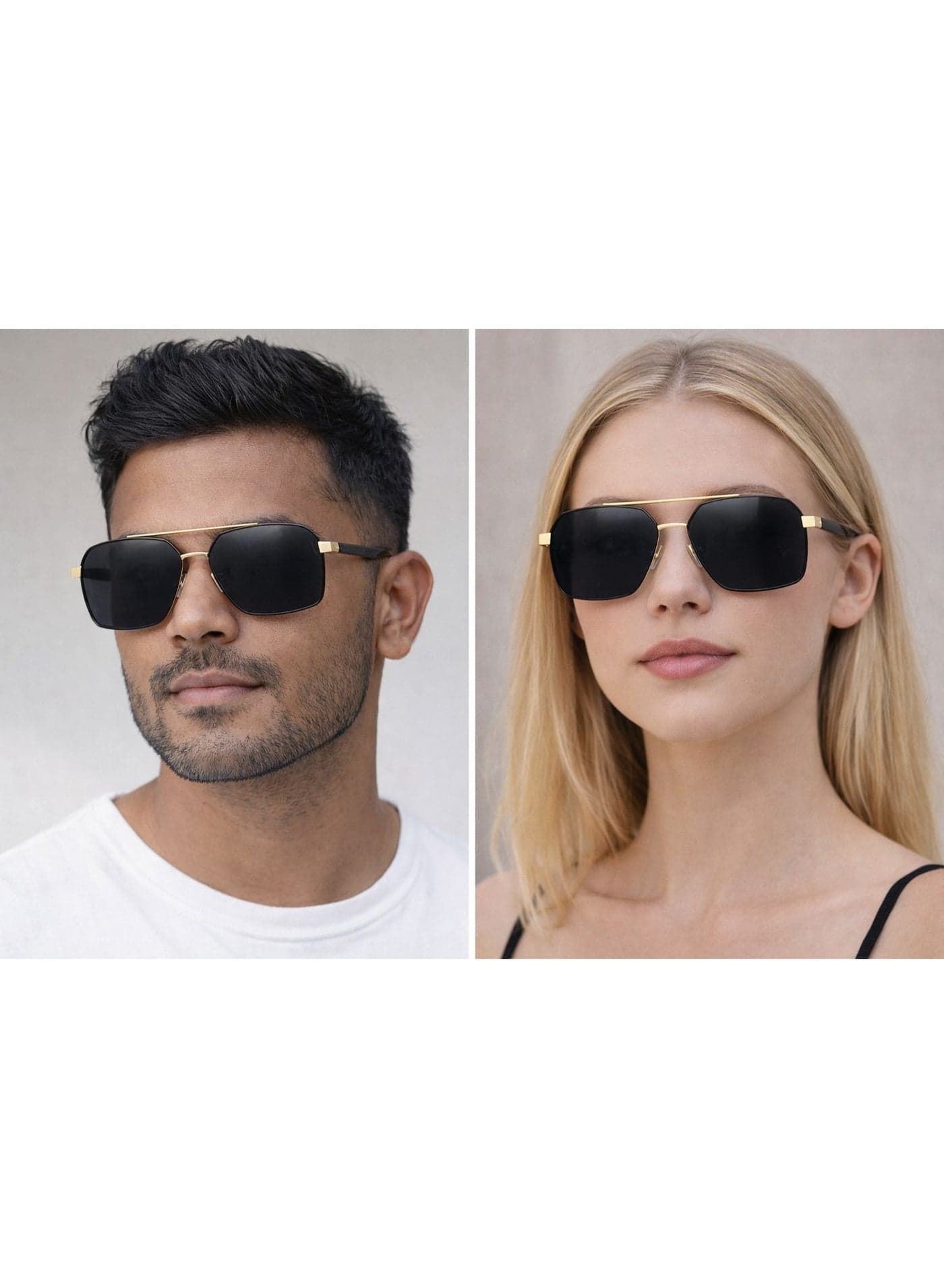 Premium Square Aviator Sunglasses for Men & Women – Black Lens with Gold Metal Frame & Double Bridge | UV Protection Designer Eyewear – Modern Luxe Collection
