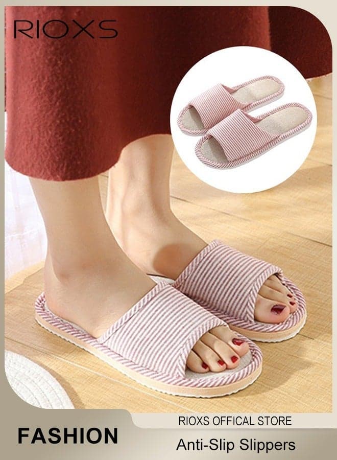 Couple Slippers,Striped Cotton Open Toe Slippers For Men And Women,Unisex Anti-Slip Flat Sandal Slippers,Soft Breathable Linen Slippers,Open Toe Slippers For House/ Bedroom/ Living Room/ Indoor And Outdoor Use