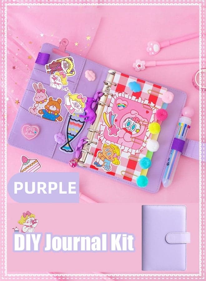 Scrap Book Cute Stationery Set for Kids A6 Journal Notebook DIY Journaling Kit Birthday Art Craft Supplies Aesthetic Gift for Girl Child Teenage Women Purple