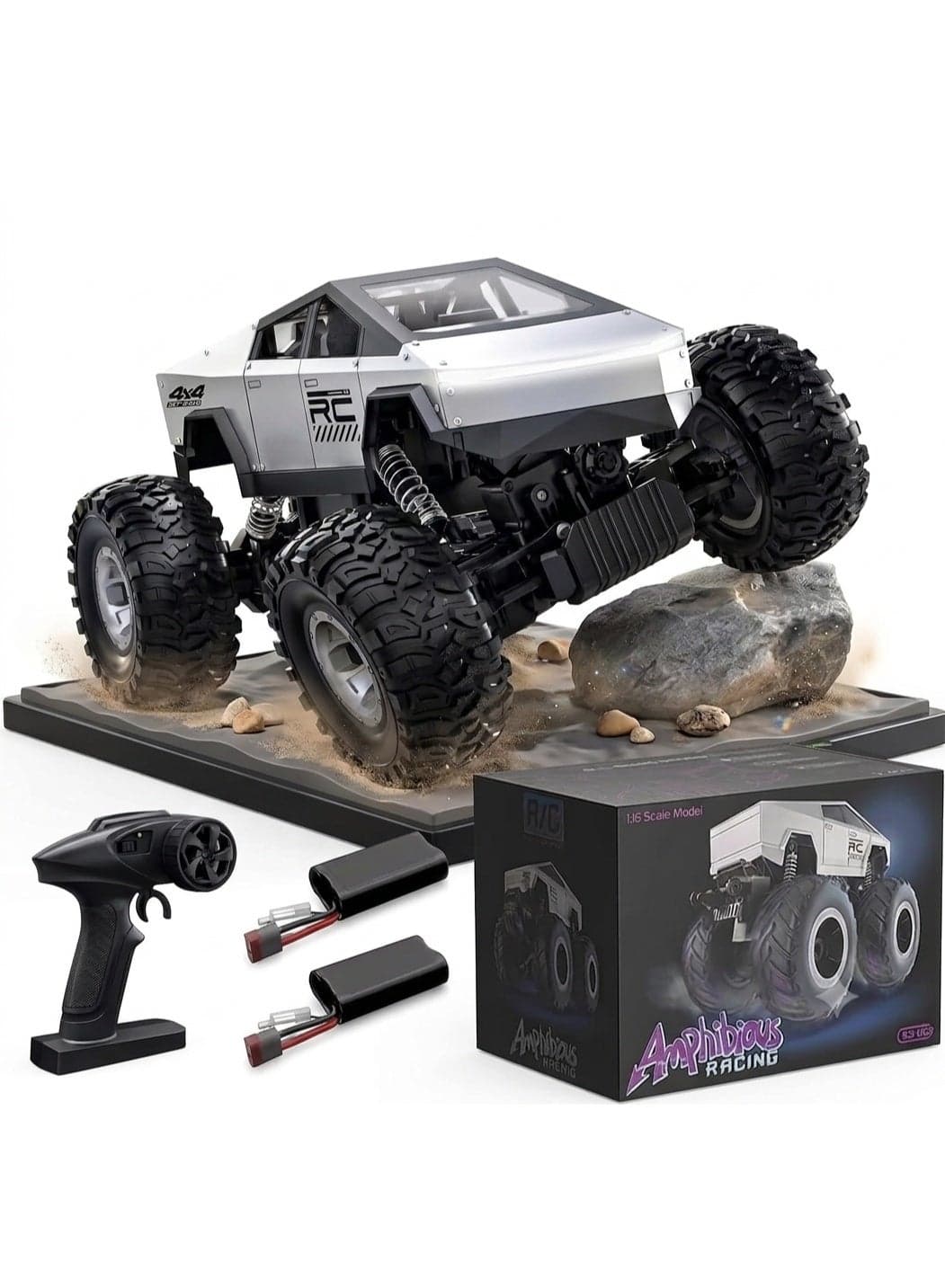 2026 New Cybertruck RC Truck 1:16 Scale, 4WD All Terrain Off-Road Remote Control Car, Dual Motors, LED Headlights, Waterproof, 2.4GHz RC Rock Crawler, Toys for Kids & Adults Ages - Silver