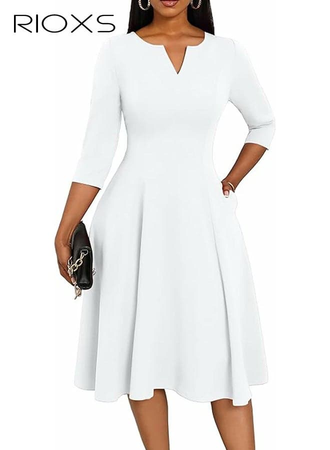Women's 3/4 Sleeve V Neck Midi Dress, High Waist A-line Fit and Flare Midi Party Dress for Ladies, Summer Casual Breathable Pullover Dress, Elegant Business Casual Work Graduation Cocktail Short Dress, Suitable for Wedding, Party, Dating, Office and More, White