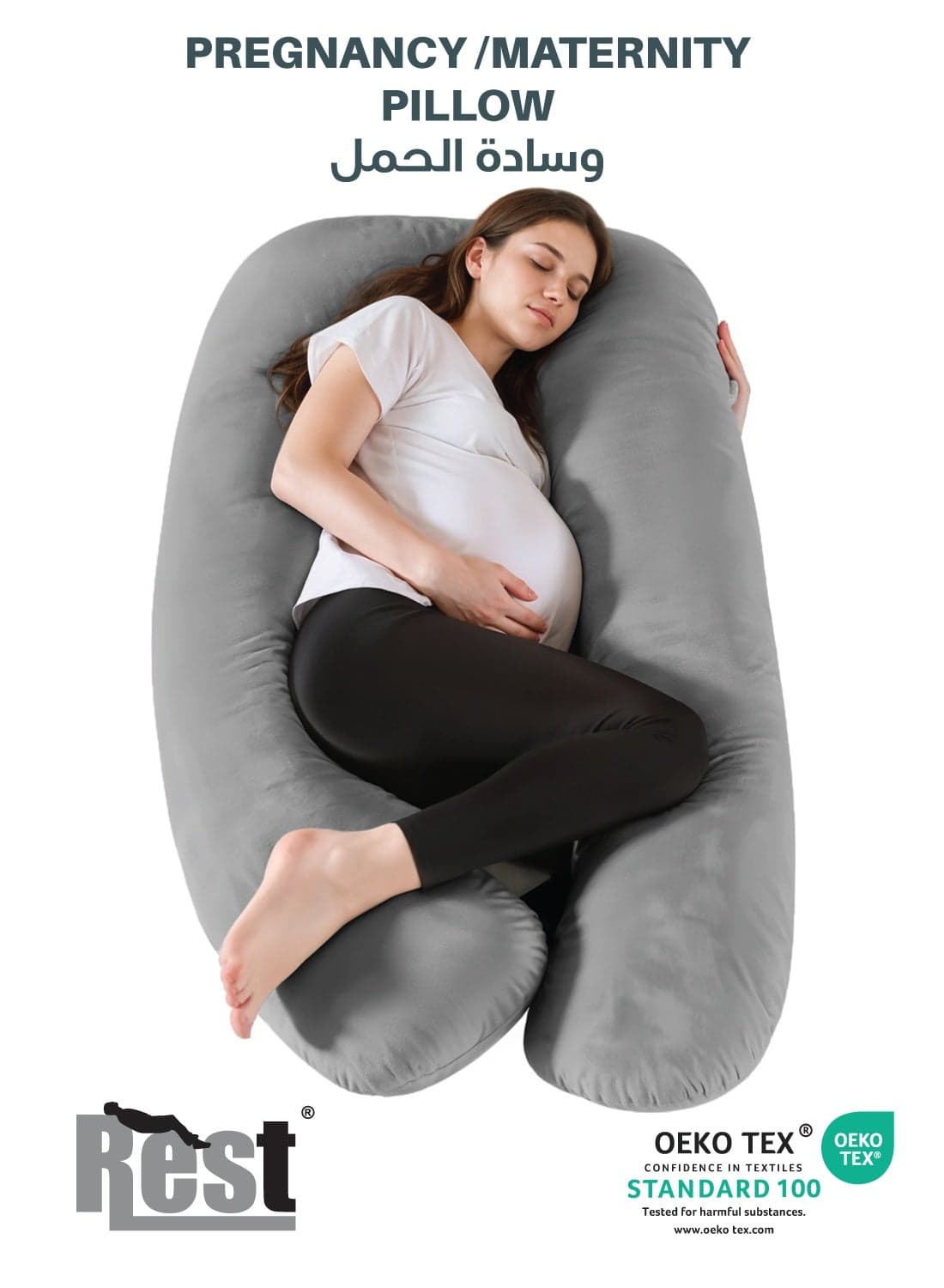 REST Premium Velvet U Shaped Pregnancy Pillow 70x140cm Maternity Full Body Pillow For Pregnant Women for Back , Hip , Neck and Knee Support with Removal Cover , Grey