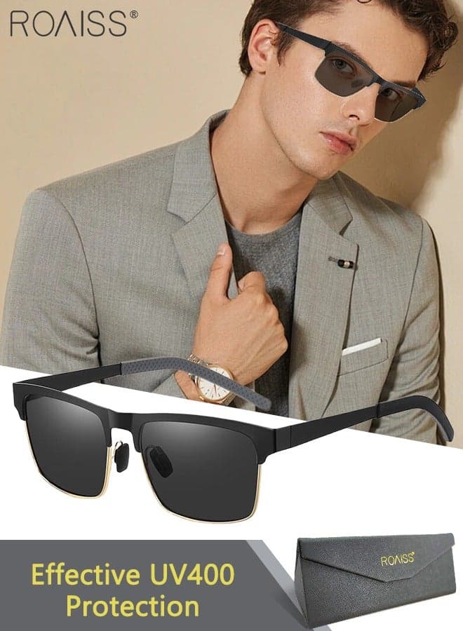 Men's Polarized Square Sunglasses, UV400 Protection Sun Glasses with Metal Frame, Fashion Anti-Glare Sun Shades for Men Driving, Fishing, Traveling, Black Gold, 54mm