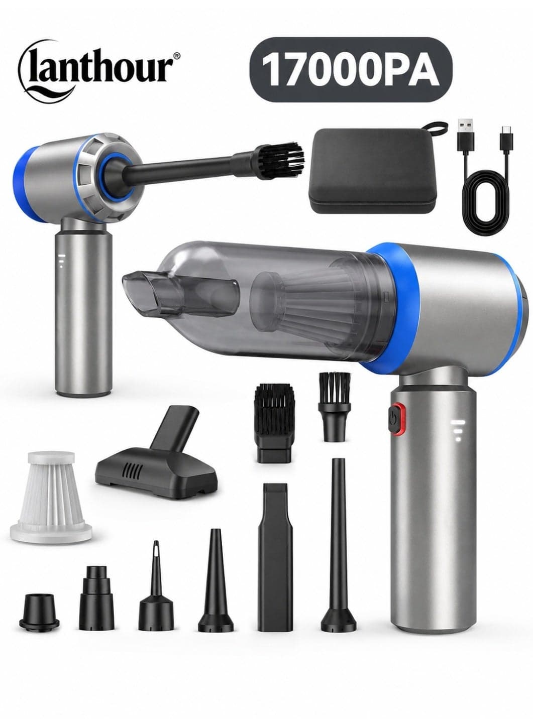 17000PA High-Power Car Vacuum Cleaner – Portable Cordless Mini Vacuum, 4-in-1 Compressed Air Duster, Blower, Handheld Vacuum with Brushless Motor, Suitable for Car, Home, Office, Camping.