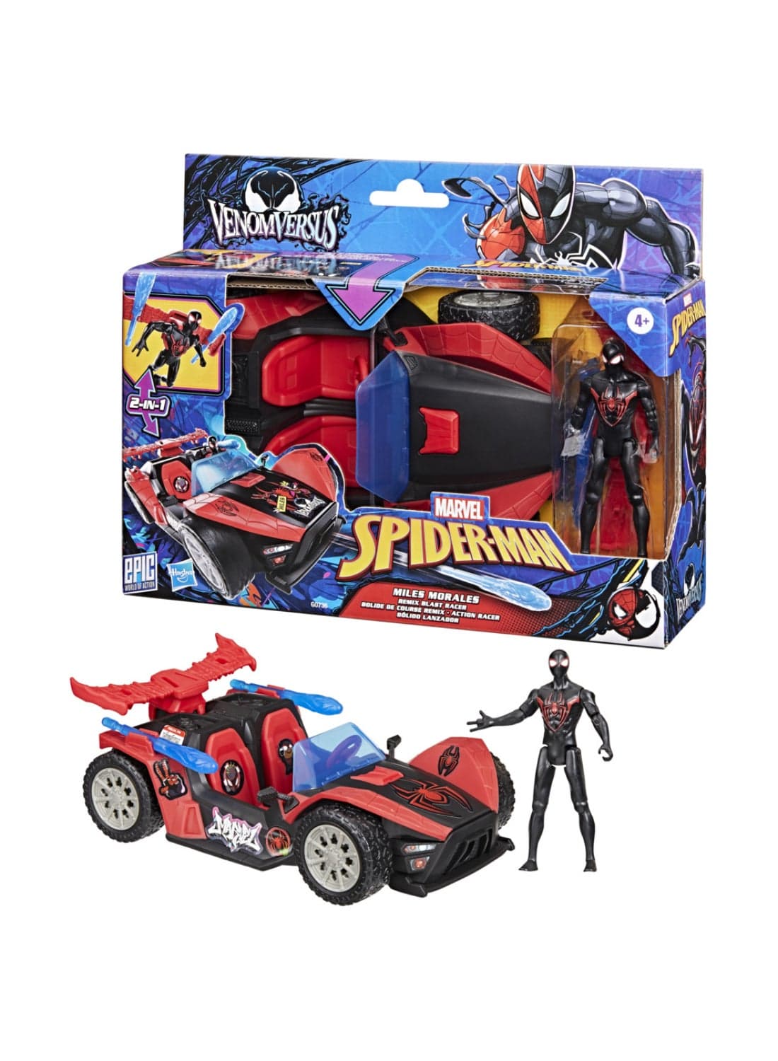 Marvel Spider-Man VenomVersus Epic World of Action Miles Morales Remix Blast Racer 4-Inch (10 CM) Figure & Toy Car, Accessories, Super Hero Toys, 4+