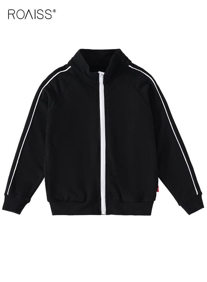 Unisex Sylish Outdoor Jacket, Zip Up Jacket with Standing Collar, Solid Coat for Kids, Suitable for Daily Wear, School and Outdoor Activities
