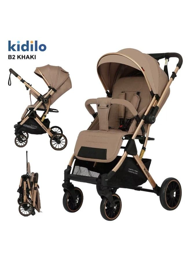 Kidilo B2 Baby Stroller with Large Rear Wheels, Compact Fold, Sun Canopy, Safety Harness, Shock Absorbing Design, Front Swivel Wheels, Spacious Storage Basket, Comfortable Seat for Daily Travel
