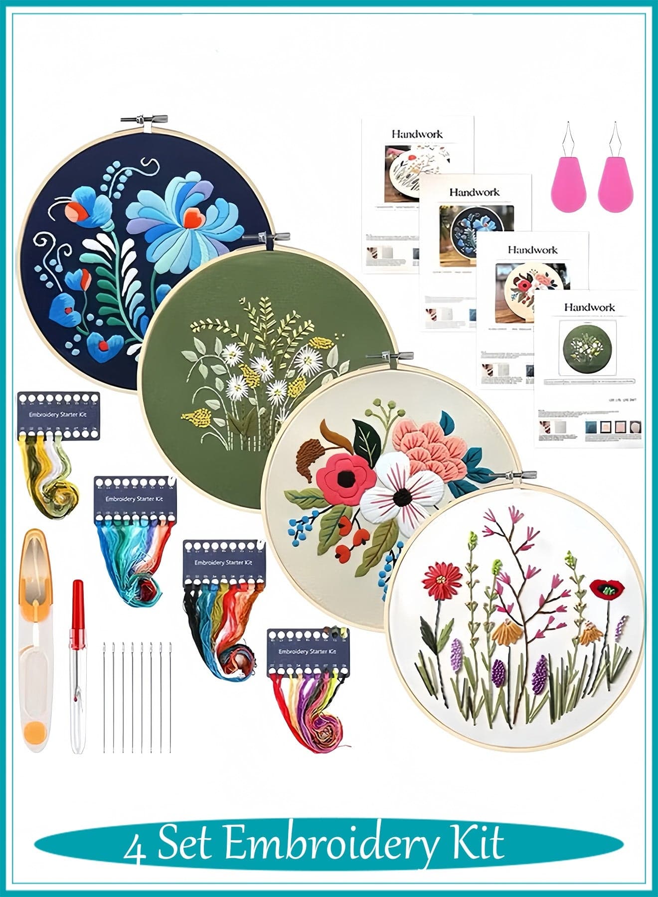 4 Set Embroidery Kit for Beginners, Cross Stitch Kits with Stamped Pattern Embroidery Starter Kit Include 1 Wooden Embroidery Hoops Color Threads Needles Kit for Adults
