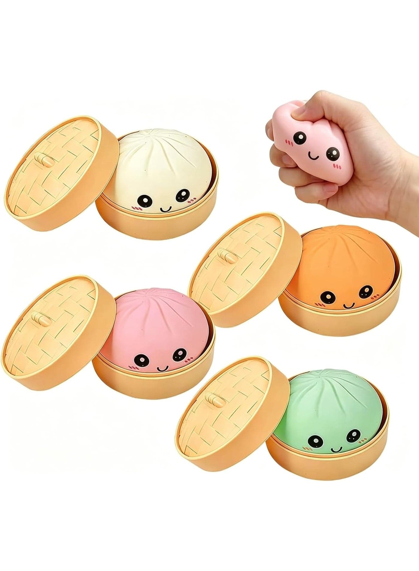 2 Pcs Steamed Bun Dumpling Squishy Toy – Slow Rising Bao Dumpling Stress Ball with Bamboo Steamer Basket, Kawaii Sensory Fidget Toy for Kids & Adults, Anxiety Relief, Assorted Colour