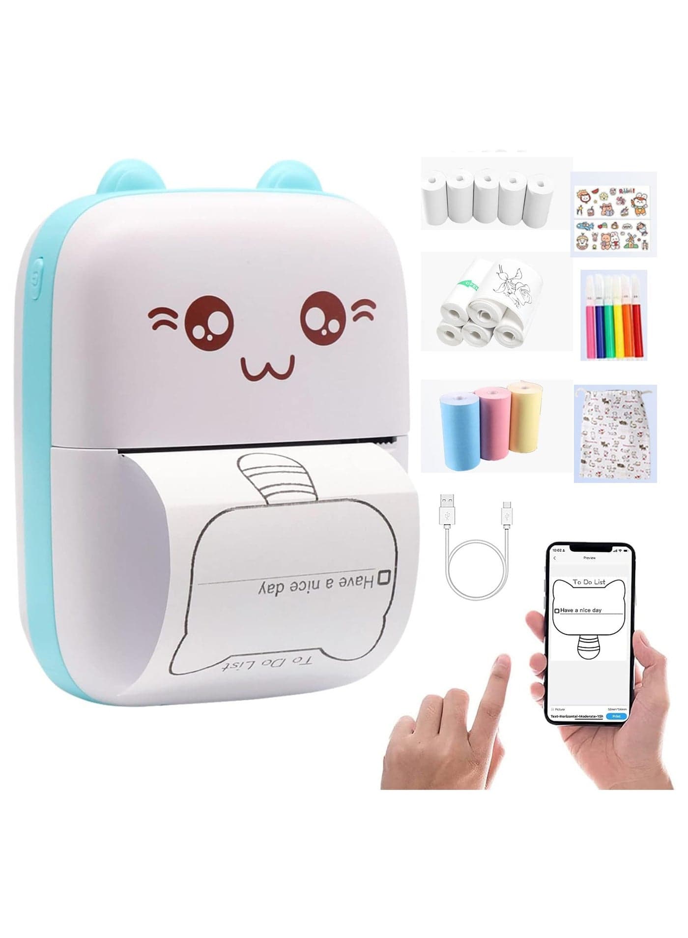 Mini Printer,Portable Labler Maker with 13 Rolls Paper,Bluetooth Sticker Printer Wireless Inkless printer Compatible with iOS/Android for Study Notes Journal,Memo,Photo,Lists,QR,Adress