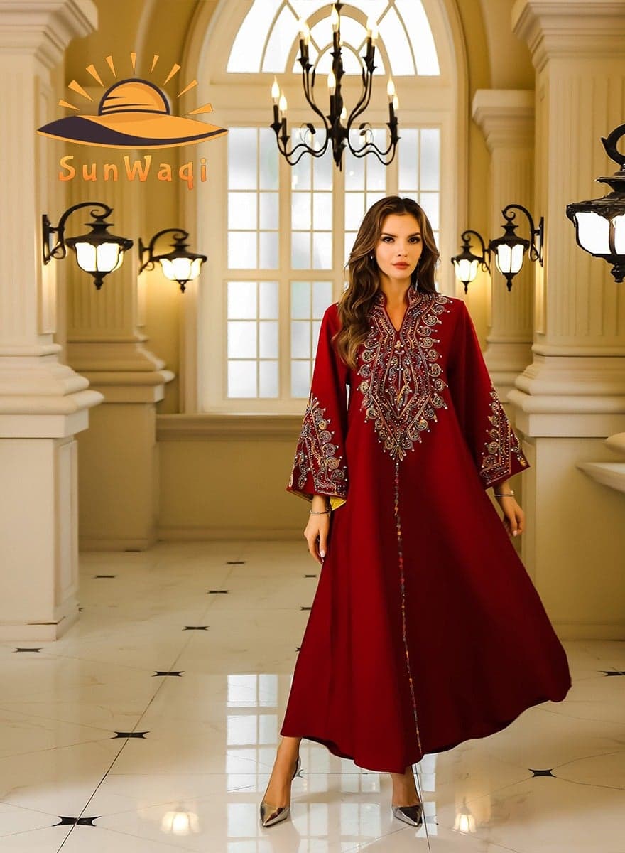 SunWaqi Abaya Rope Embroidery Dress. Red