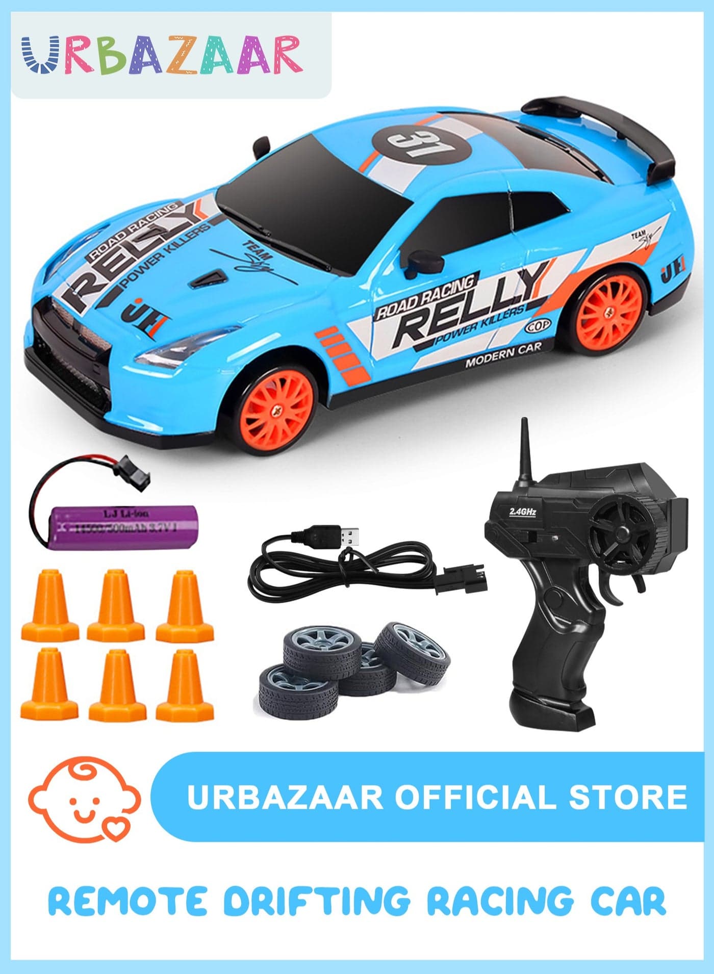 Remote Control Car RC Drift Car 1/24 Scale 4WD RC Car With LED Lights 2.4ghz 18km/H Rechargeable High Speed Drift Racing Sport Toy Car For Adults Boys Girls Kids Gift 2pcs Batteries and Extra Tires