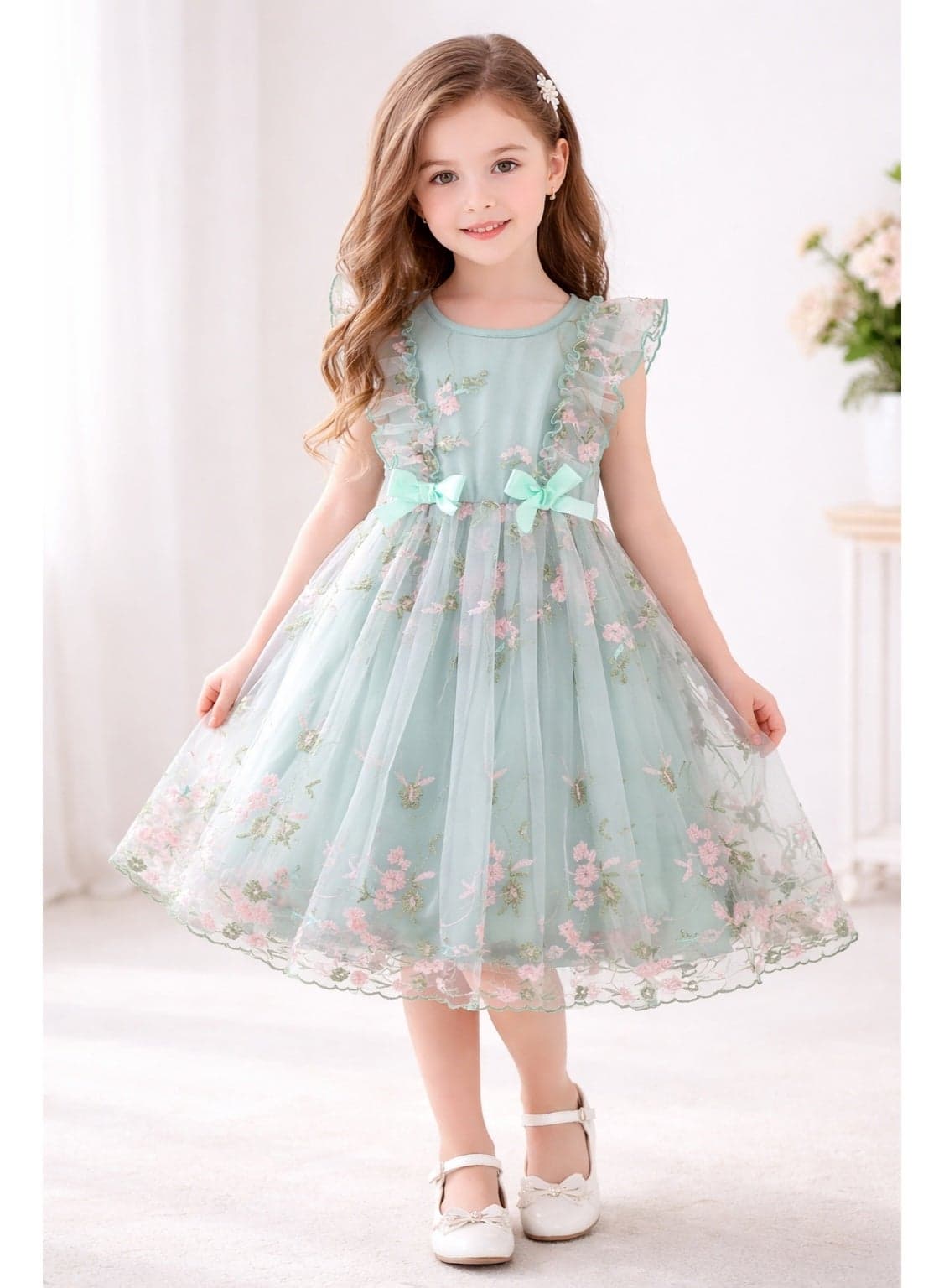 Girls Floral Embroidered Tulle Dress – Elegant Party & Occasion Dress for Kids (3–4 Years) – Soft Mesh, Lightweight & Comfortable