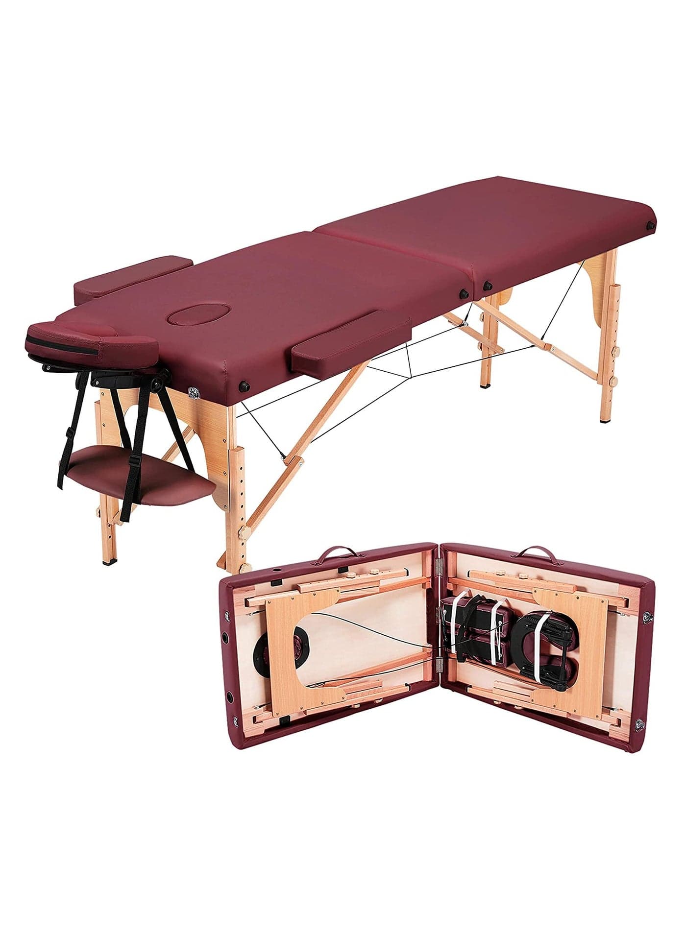 Portable Massage Table Professional Adjustable Folding Bed with 2-part Wooden Frame Ergonomic Headrest and Tote Bag for Therapeutic Tattoo Salon SPA Facial Treatment