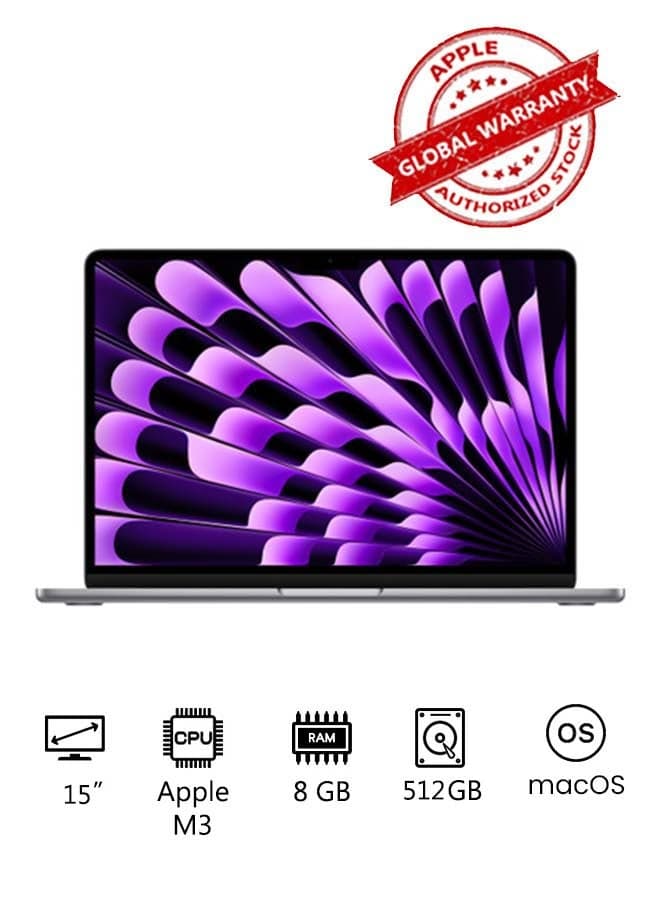 MacBook Air MRYN3 | 15 Inch Display | Apple M3 Chip | 8-Core CPU and 10-Core GPU | 8GB RAM | 512GB SSD | macOS | English And Arabic Keyboard | Space Grey