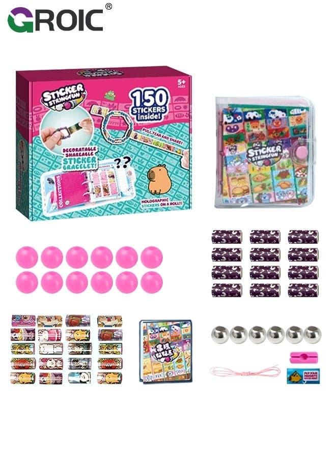 150 DIY Bracelets Sticker, Wearable Shareable Stickers with Sticker Book, DIY Jewelry Crafts for Girls, Gift for Girls, Mystery Reveal Sticki Rolls, Sticker String Fun DIY Bracelet and Necklace Making Kit