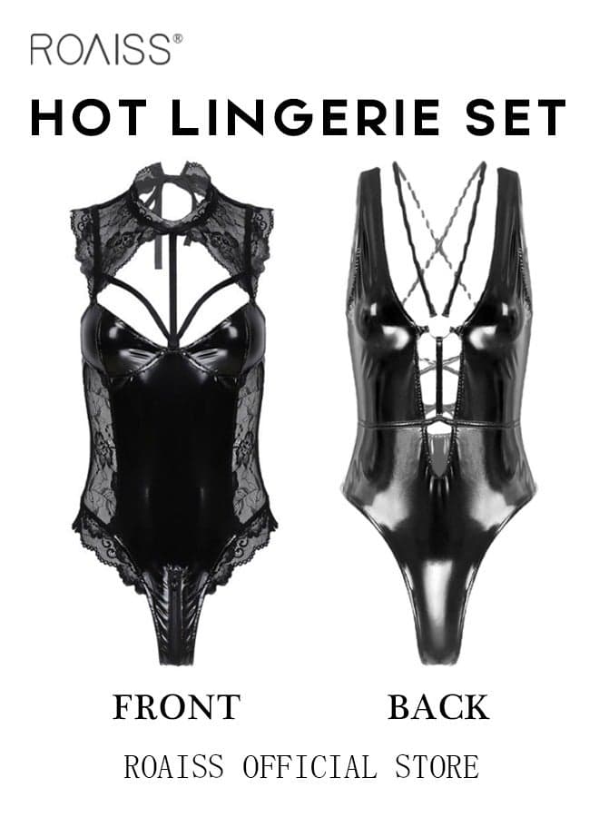2-Piece One Piece Lace Patent Leather Cut-Out Jumpsuit Tight Design Nightwear