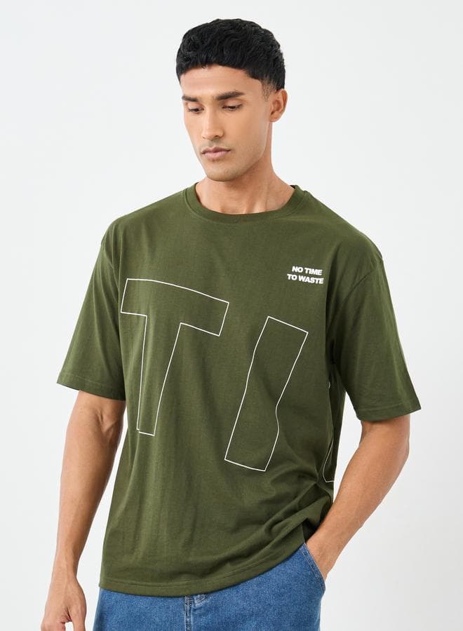 Styli Olive Front and Back Graphic Oversized T-Shirt