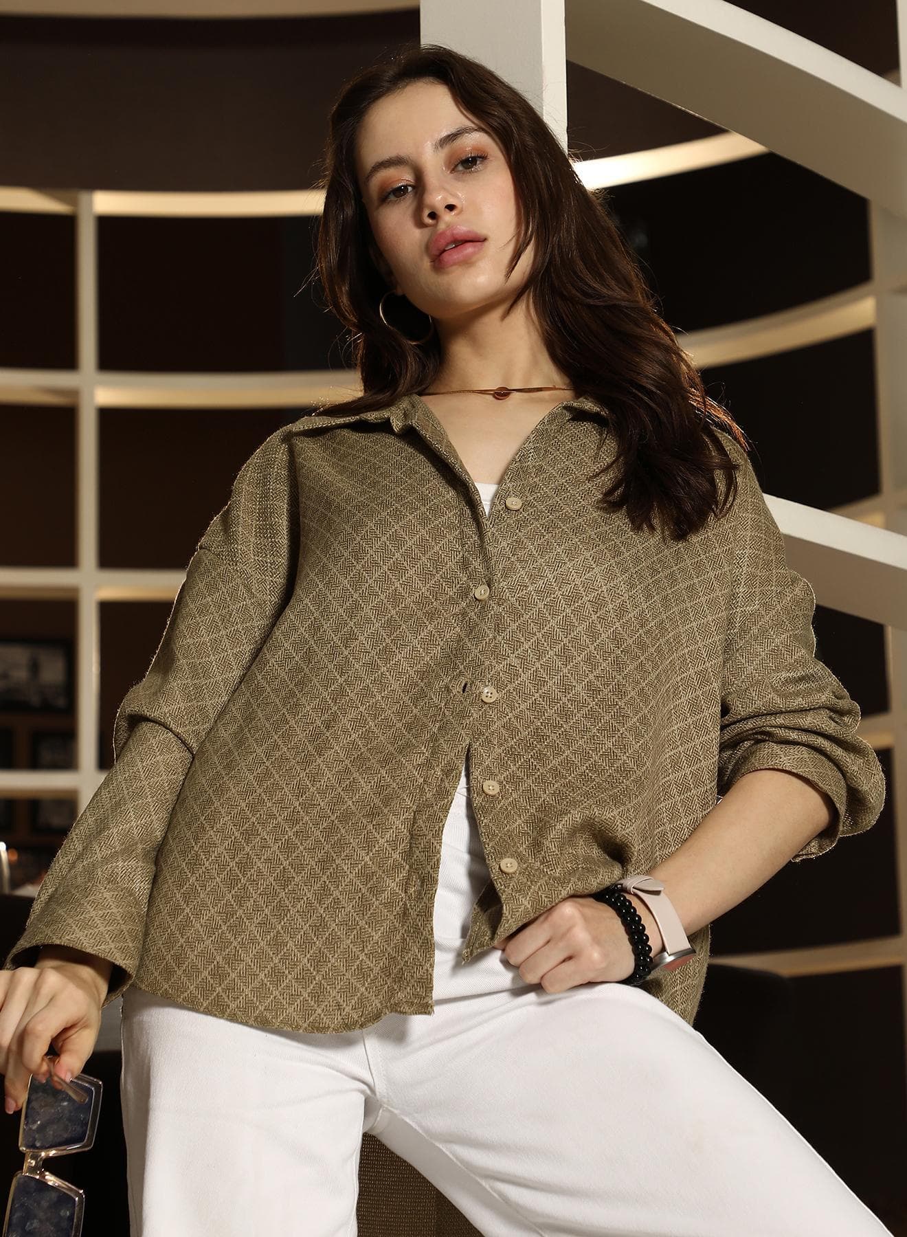 Women's Olive Green Diamond Dobby Oversized Shirt