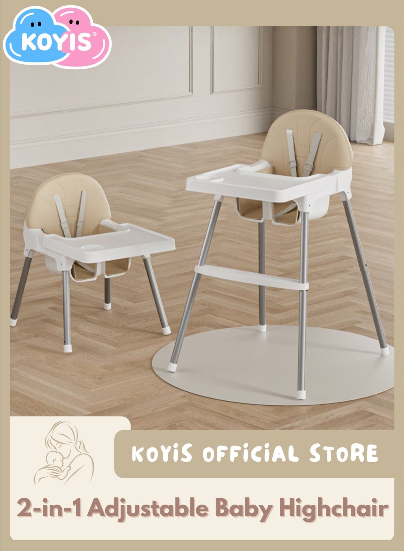 2-in-1 Baby High Chair, Height Adjustable Highchair for Babies and Toddlers, With Cushion Footrest Tray and Safety Belt, Booster Seat for Kitchen, Dining & Outdoor Use, Easy to Clean & Storage, From 4 months to 4 years old - White